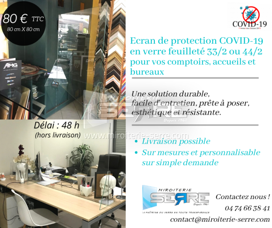 Ecran de protection COVID- 19 en verre feuilleté 33/2 ou 44/2